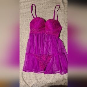 Victoria's Secret Purple Padded Push Up Mesh Babydoll Nightie Lingerie Slip